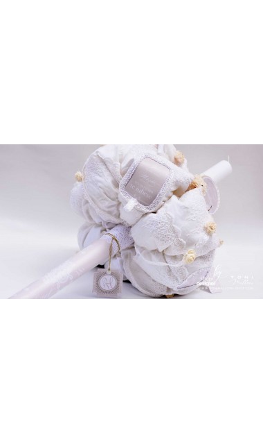 Lumanare de botez cu dantela crem si flori natur uscate Lacy Bloom 5